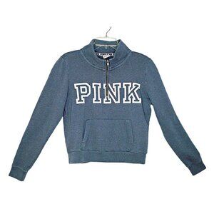 Victorias Secret Pink Womens Collared 1/4 Zip Pullover Sweatshirt Gray Logo Sz S